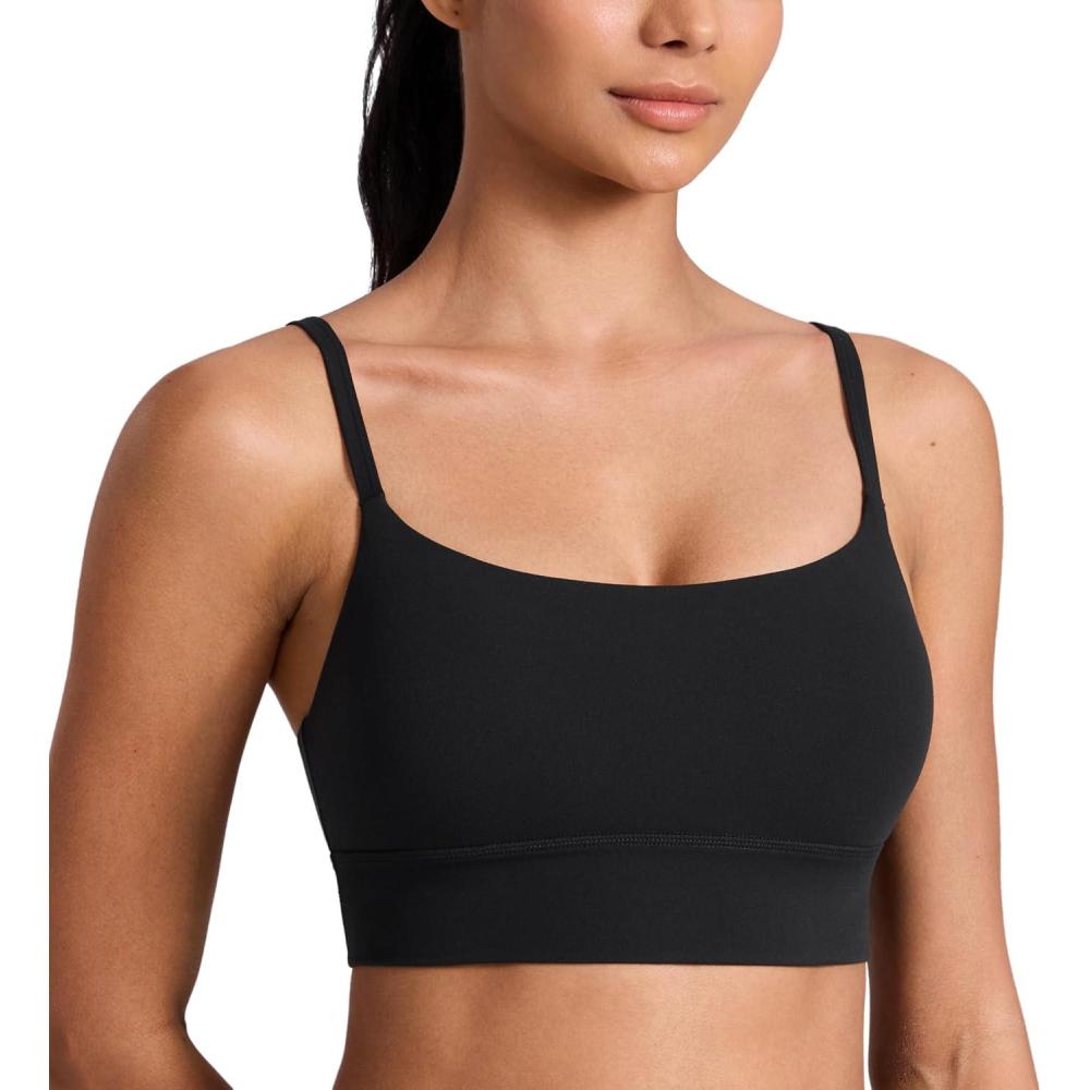 imageCRZ YOGA Butterlift Scoop Neck Longline Sports Bras for Women Adjustable Spaghetti Strap Workout Crop Top Padded Cami TankBlack