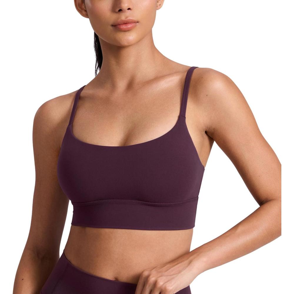 imageCRZ YOGA Butterlift Scoop Neck Longline Sports Bras for Women Adjustable Spaghetti Strap Workout Crop Top Padded Cami TankDeep Purple