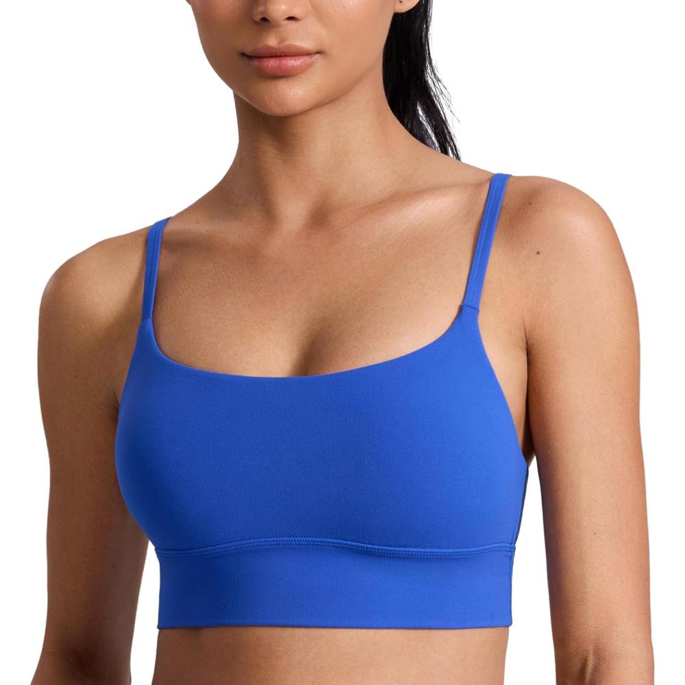 imageCRZ YOGA Butterlift Scoop Neck Longline Sports Bras for Women Adjustable Spaghetti Strap Workout Crop Top Padded Cami TankRoyal