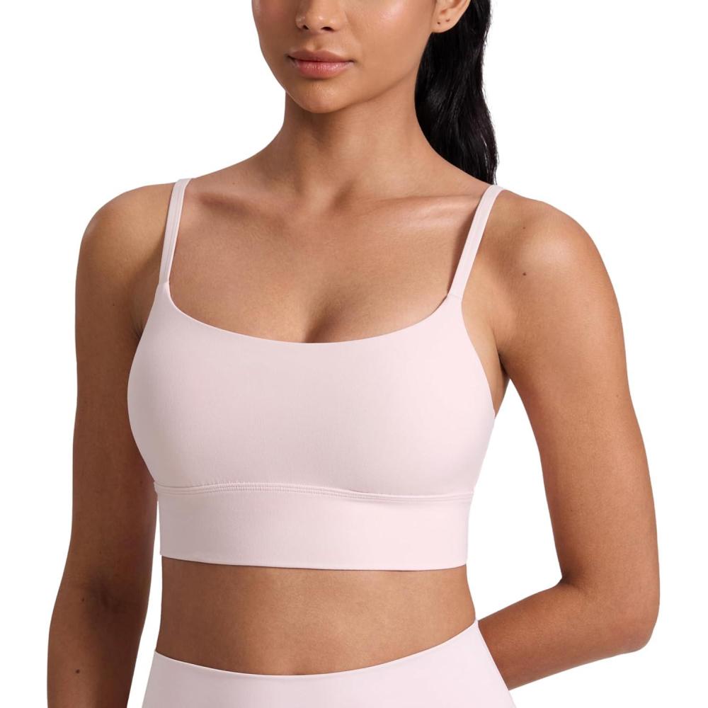 imageCRZ YOGA Butterlift Scoop Neck Longline Sports Bras for Women Adjustable Spaghetti Strap Workout Crop Top Padded Cami TankStrawberry Pink