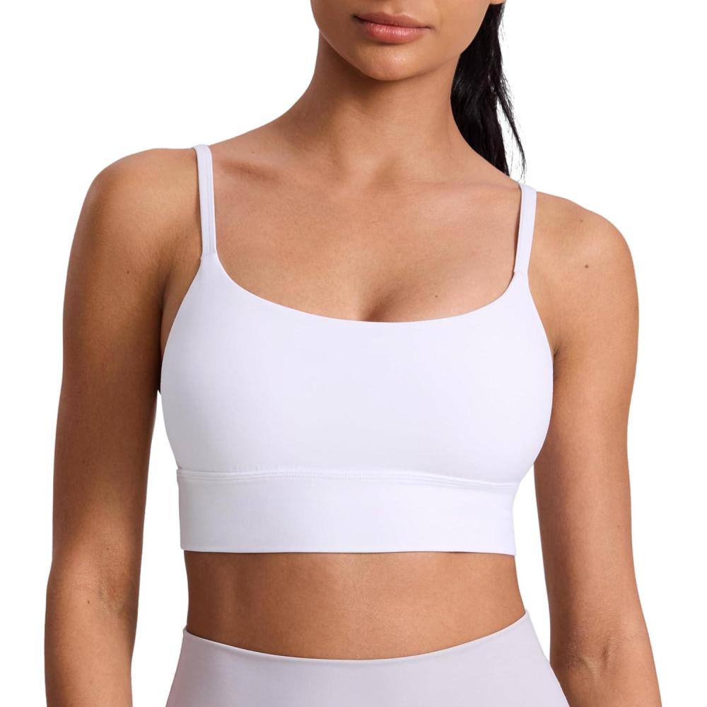 imageCRZ YOGA Butterlift Scoop Neck Longline Sports Bras for Women Adjustable Spaghetti Strap Workout Crop Top Padded Cami TankWhite