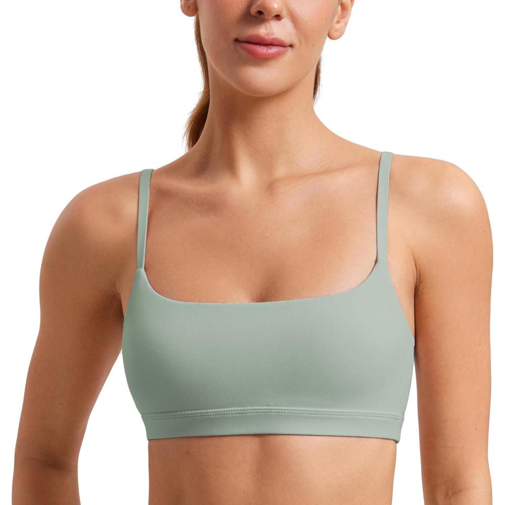 imageCRZ YOGA Butterluxe Adjustable Spaghetti Strap Sports Bras for Women Scoop Neck Wireless Padded Yoga Workout Crop TopGreen Palm Court