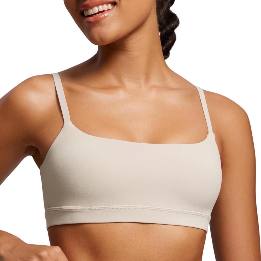 imageCRZ YOGA Butterluxe Adjustable Spaghetti Strap Sports Bras for Women Scoop Neck Wireless Padded Yoga Workout Crop TopMojave Tan