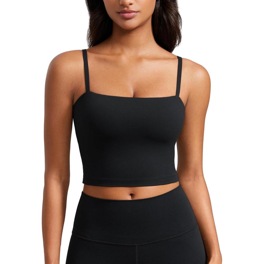 imageCRZ YOGA Butterluxe Cami Crop Tank Tops for Women Square Neck Adjustable Padded Longline Sports Bras Workout CamisoleBlack