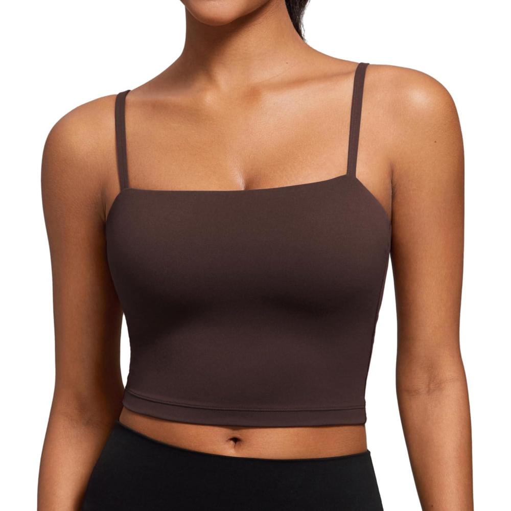 imageCRZ YOGA Butterluxe Cami Crop Tank Tops for Women Square Neck Adjustable Padded Longline Sports Bras Workout CamisoleHot Fudge Brown