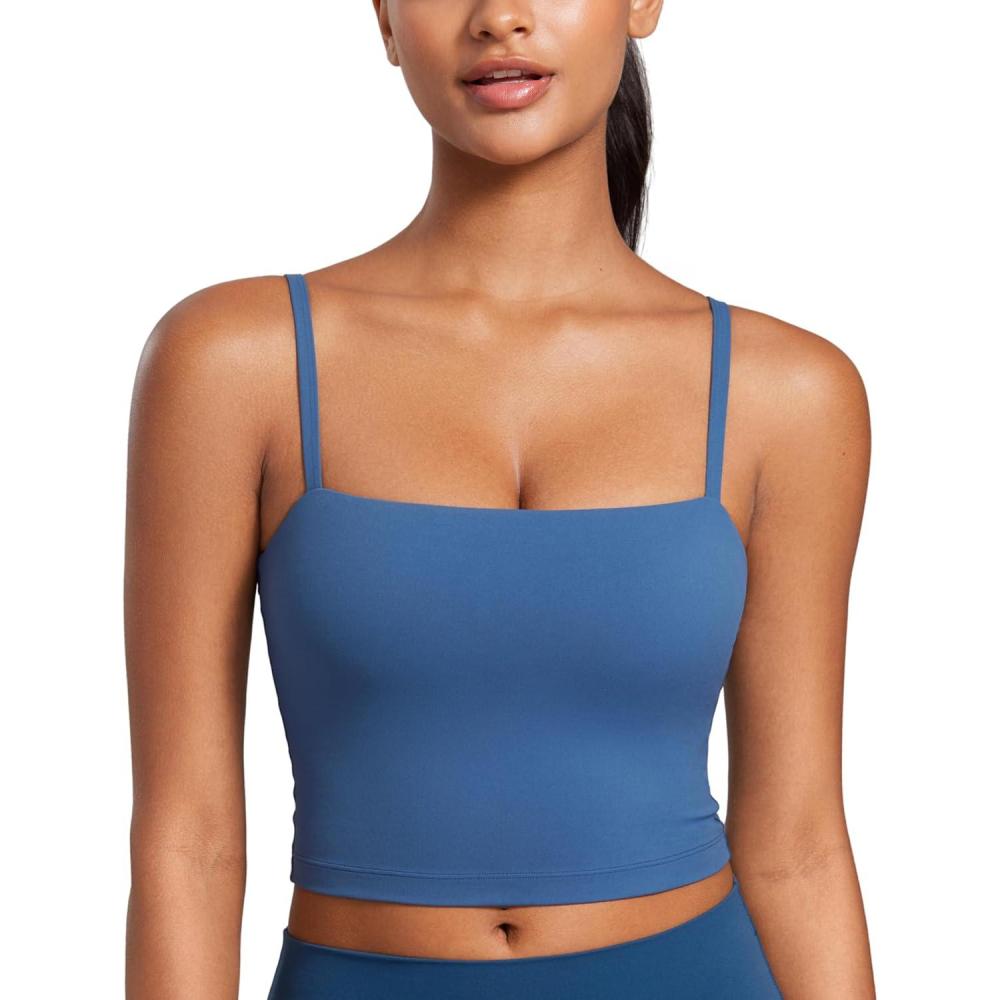 imageCRZ YOGA Butterluxe Cami Crop Tank Tops for Women Square Neck Adjustable Padded Longline Sports Bras Workout CamisolePitch Blue