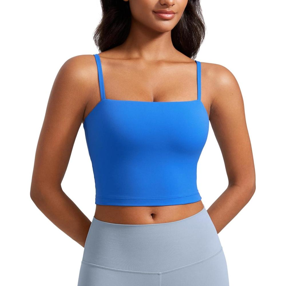 imageCRZ YOGA Butterluxe Cami Crop Tank Tops for Women Square Neck Adjustable Padded Longline Sports Bras Workout CamisoleSparkle Blue