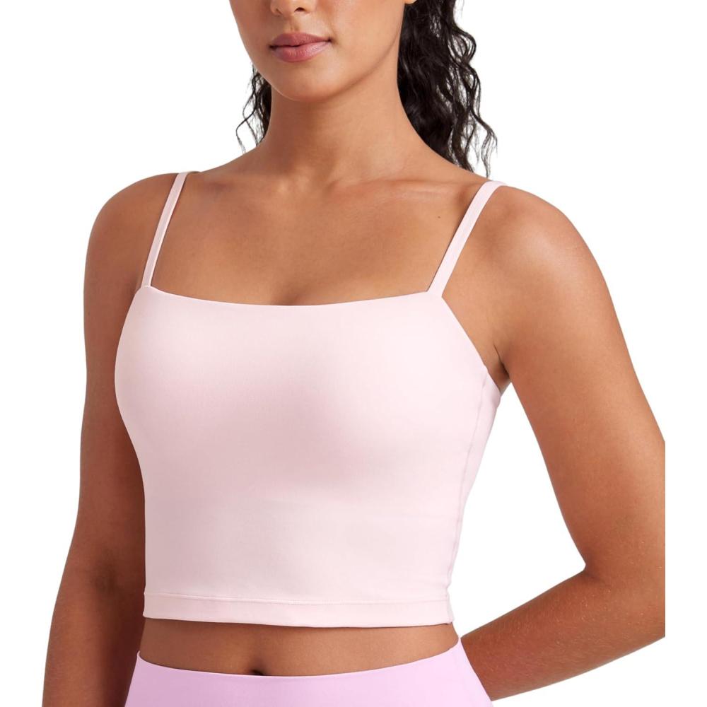 imageCRZ YOGA Butterluxe Cami Crop Tank Tops for Women Square Neck Adjustable Padded Longline Sports Bras Workout CamisoleStrawberry Pink