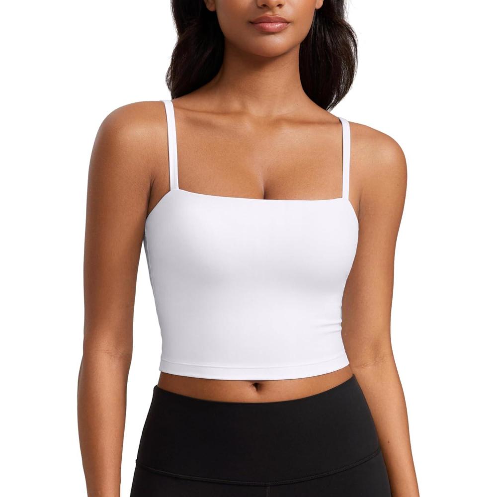 imageCRZ YOGA Butterluxe Cami Crop Tank Tops for Women Square Neck Adjustable Padded Longline Sports Bras Workout CamisoleWhite
