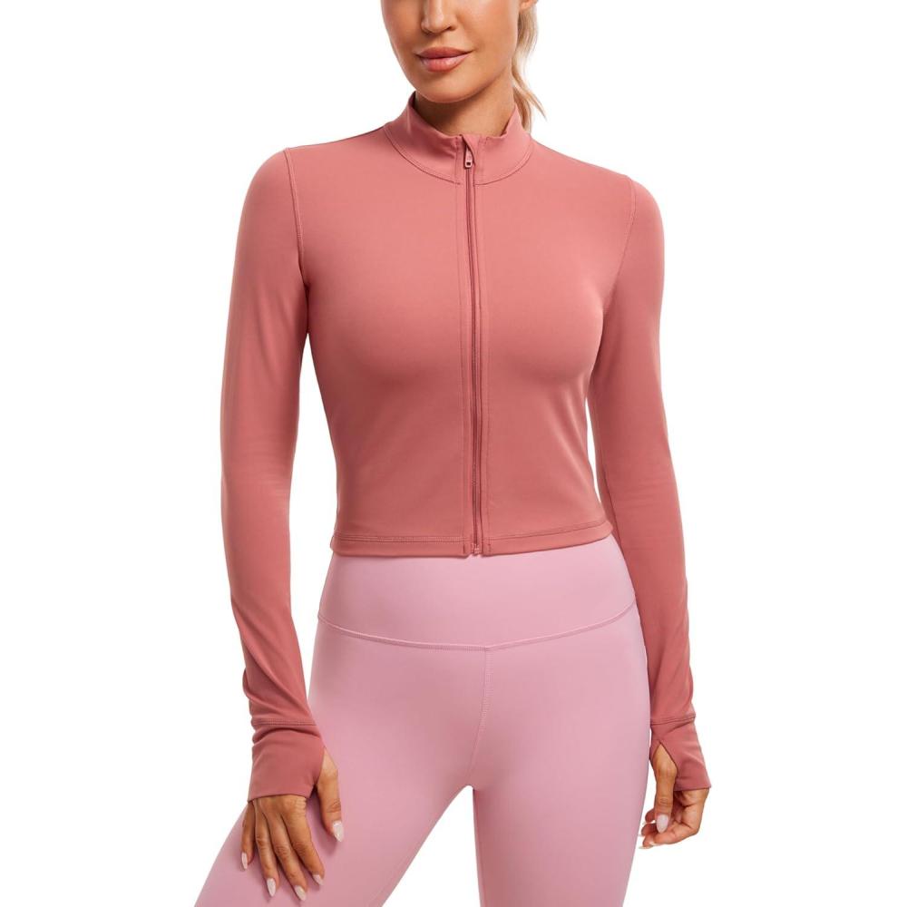 imageCRZ YOGA Butterluxe Cropped Athletic Jackets for Women Full Zip Up Track Tops with Thumb Holes PocketsBriar Rose