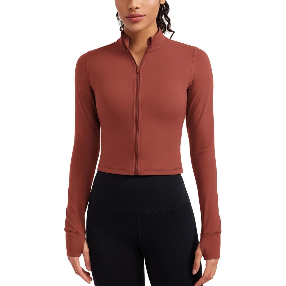 imageCRZ YOGA Butterluxe Cropped Athletic Jackets for Women  Full Zip Up Track Tops with Thumb Holes PocketsJujube Brown