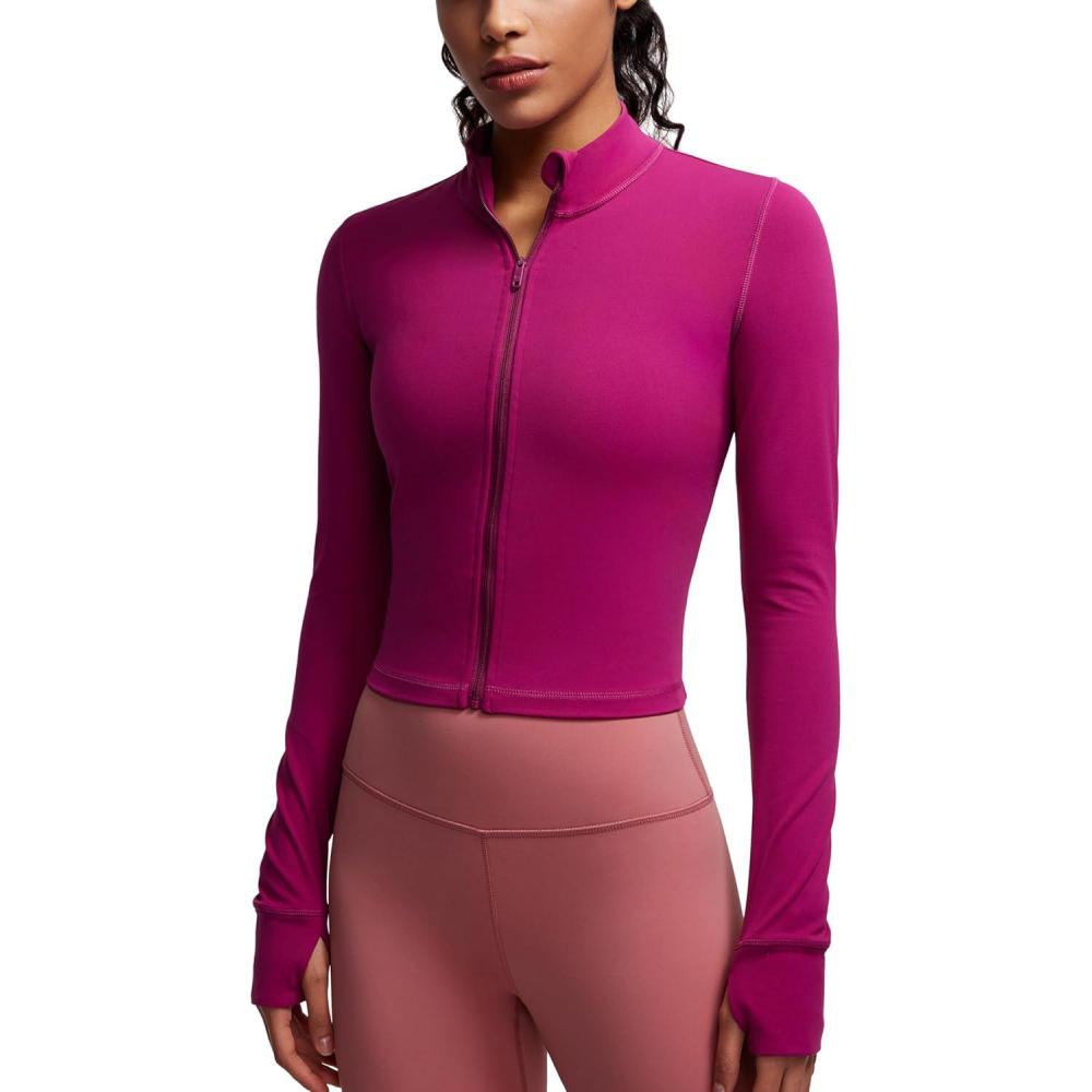 imageCRZ YOGA Butterluxe Cropped Athletic Jackets for Women  Full Zip Up Track Tops with Thumb Holes PocketsMagenta Purple
