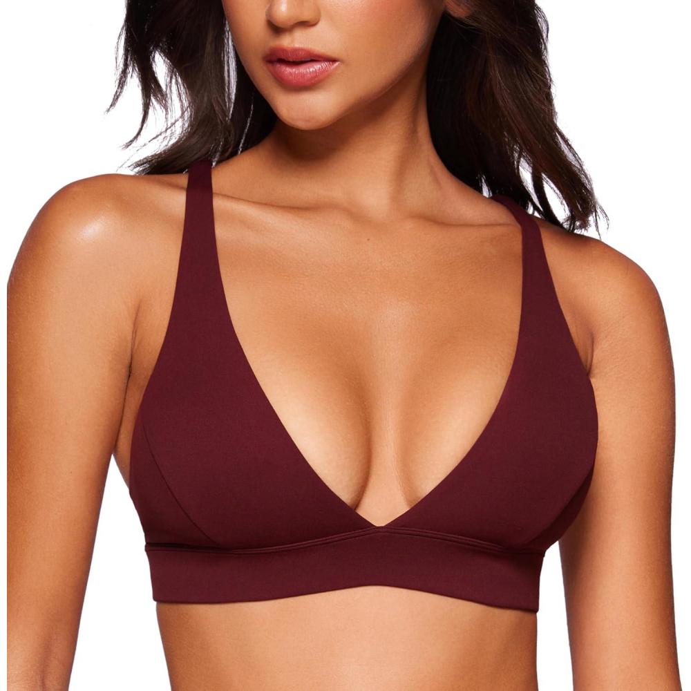 imageCRZ YOGA Butterluxe Deep VNeck Sports Bras for Women Spaghetti Strap Criss Cross Padded Top Low Coverage Wireless YogaRed Merlot