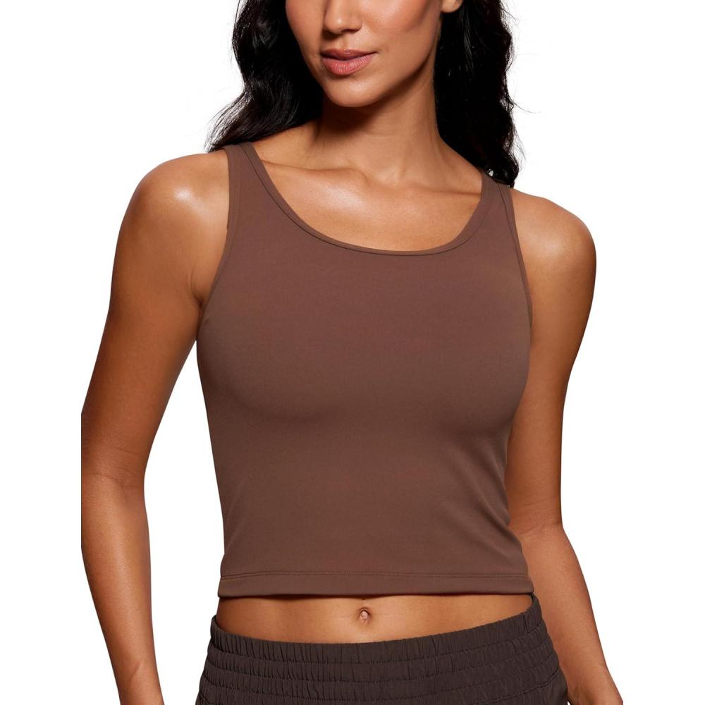 imageCRZ YOGA Butterluxe Double Lined Tank Tops for Women Workout Casual Scoop Neck Racerback Crop Sleeveless ShirtCoffee Brown