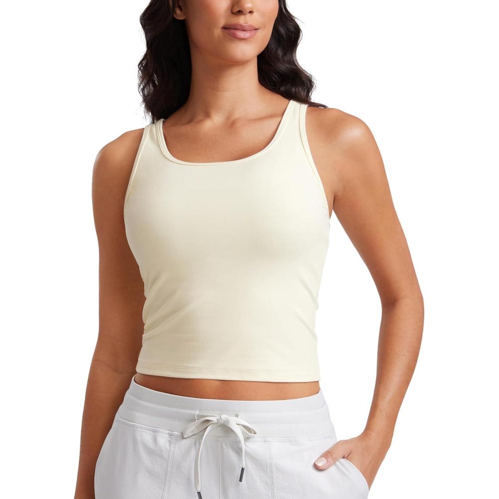 imageCRZ YOGA Butterluxe Double Lined Tank Tops for Women Workout Casual Scoop Neck Racerback Crop Sleeveless ShirtGloam Yellow Light
