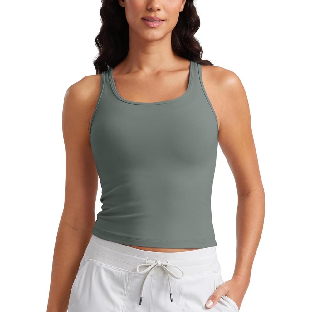 imageCRZ YOGA Butterluxe Double Lined Tank Tops for Women Workout Casual Scoop Neck Racerback Crop Sleeveless ShirtGrey Sage