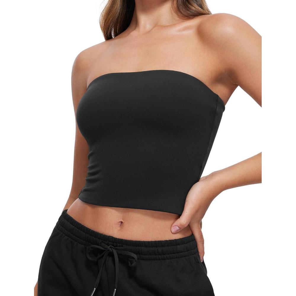 imageCRZ YOGA Butterluxe Double Lined Tube Tops for Women Going Out Casual Tank Bandeau Crop Strapless ShirtsBlack