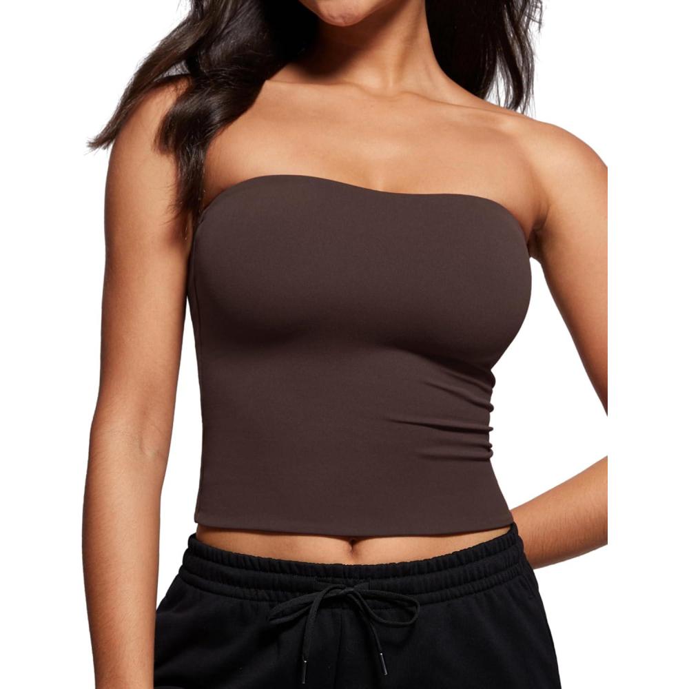 imageCRZ YOGA Butterluxe Double Lined Tube Tops for Women Going Out Casual Tank Bandeau Crop Strapless ShirtsHot Fudge Brown