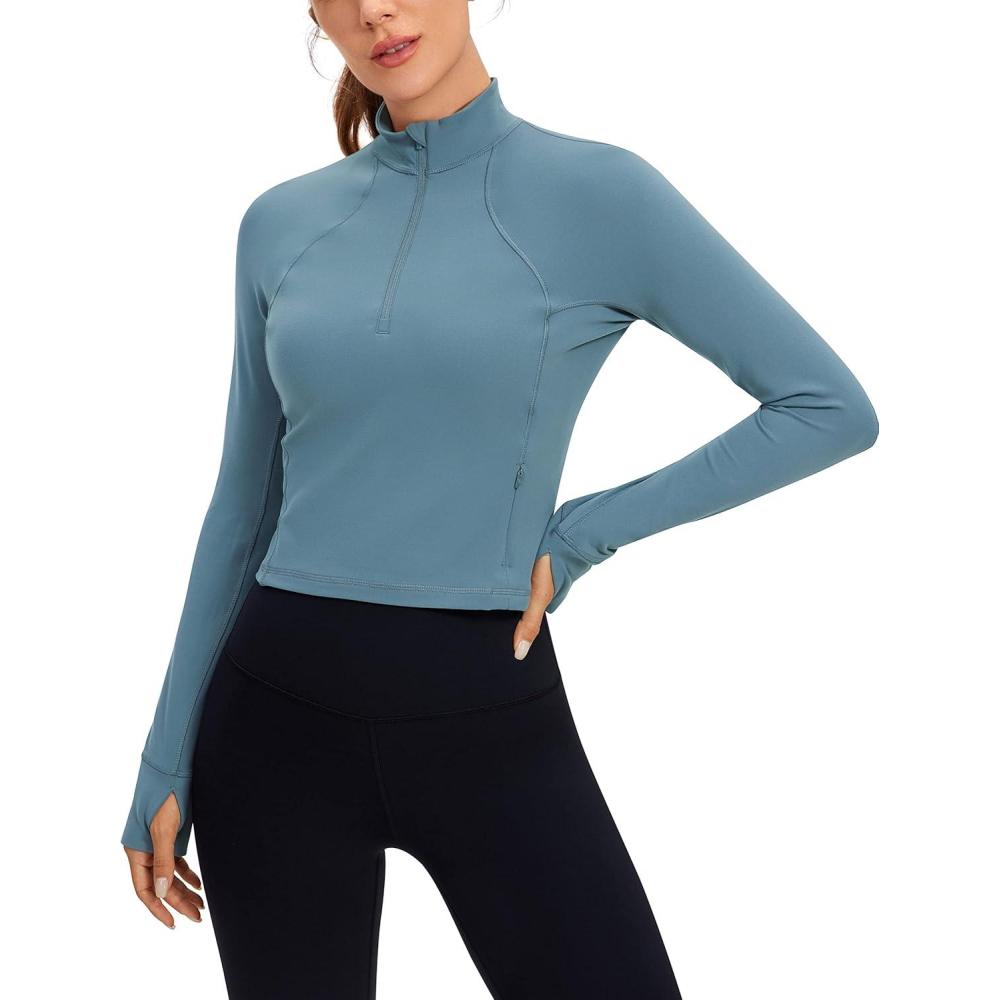 imageCRZ YOGA Butterluxe Half Zip Long Sleeve Shirts for Women Workout Athletic Yoga Tops Crop Collared Quarter Zipper TShirtBlue Ashes