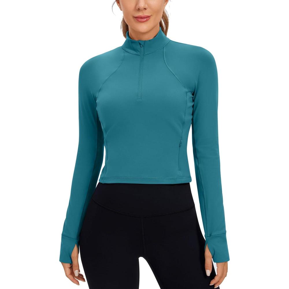 imageCRZ YOGA Butterluxe Half Zip Long Sleeve Shirts for Women Workout Athletic Yoga Tops Crop Collared Quarter Zipper TShirtBorealis Green
