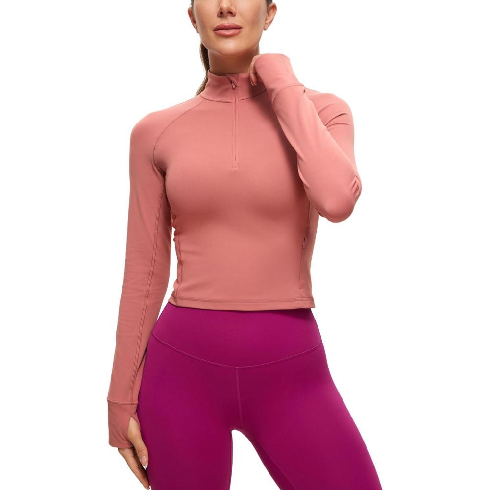 imageCRZ YOGA Butterluxe Half Zip Long Sleeve Shirts for Women Workout Athletic Yoga Tops Crop Collared Quarter Zipper TShirtBriar Rose