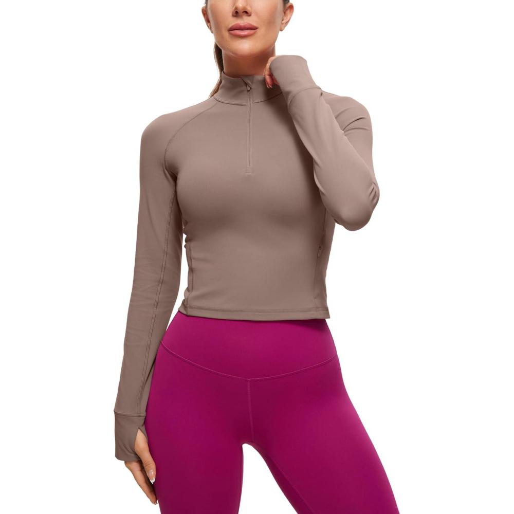 imageCRZ YOGA Butterluxe Half Zip Long Sleeve Shirts for Women Workout Athletic Yoga Tops Crop Collared Quarter Zipper TShirtBrown Purple