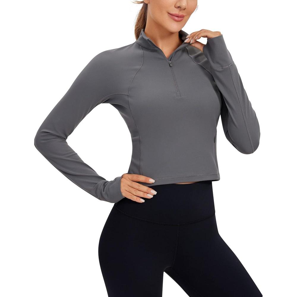 imageCRZ YOGA Butterluxe Half Zip Long Sleeve Shirts for Women Workout Athletic Yoga Tops Crop Collared Quarter Zipper TShirtDark Carbon