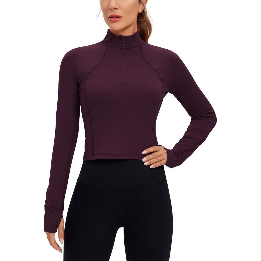 imageCRZ YOGA Butterluxe Half Zip Long Sleeve Shirts for Women Workout Athletic Yoga Tops Crop Collared Quarter Zipper TShirtDeep Purple