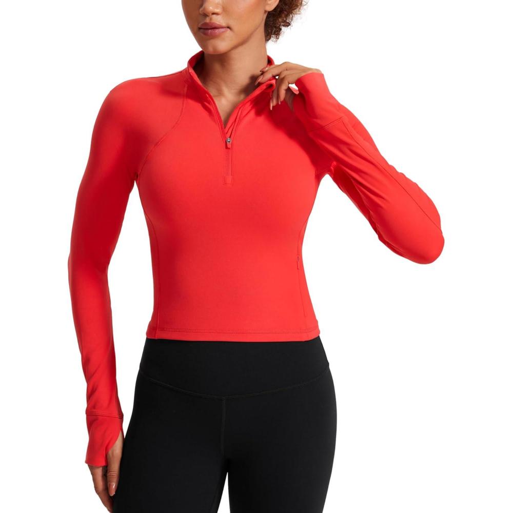 imageCRZ YOGA Butterluxe Half Zip Long Sleeve Shirts for Women Workout Athletic Yoga Tops Crop Collared Quarter Zipper TShirtDeep Red