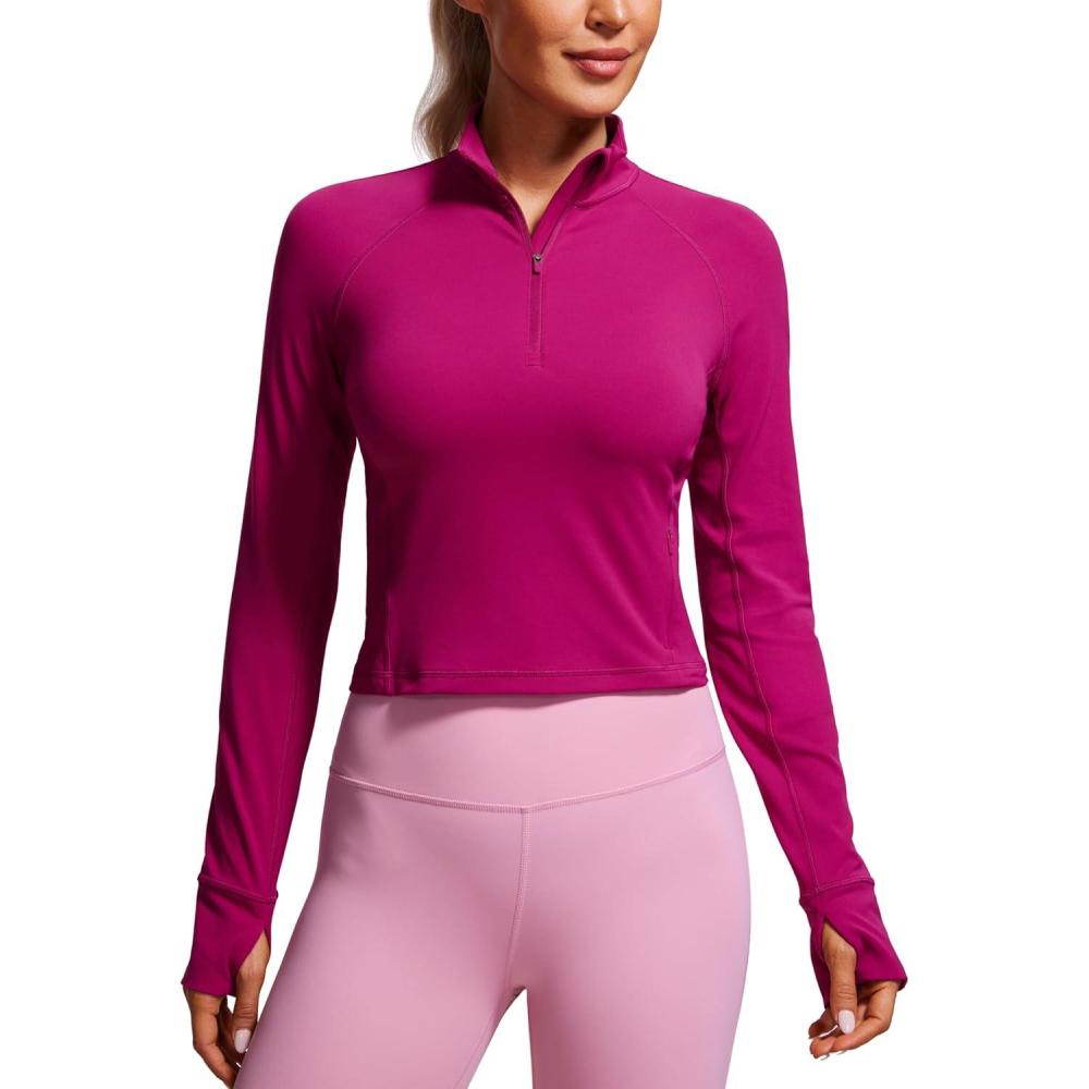 imageCRZ YOGA Butterluxe Half Zip Long Sleeve Shirts for Women Workout Athletic Yoga Tops Crop Collared Quarter Zipper TShirtMagenta Purple