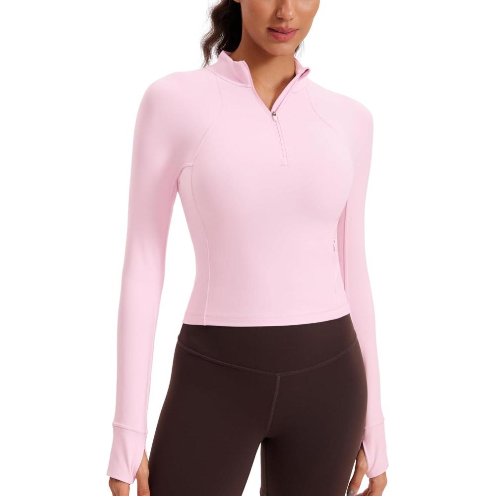 imageCRZ YOGA Butterluxe Half Zip Long Sleeve Shirts for Women Workout Athletic Yoga Tops Crop Collared Quarter Zipper TShirtPink Peony