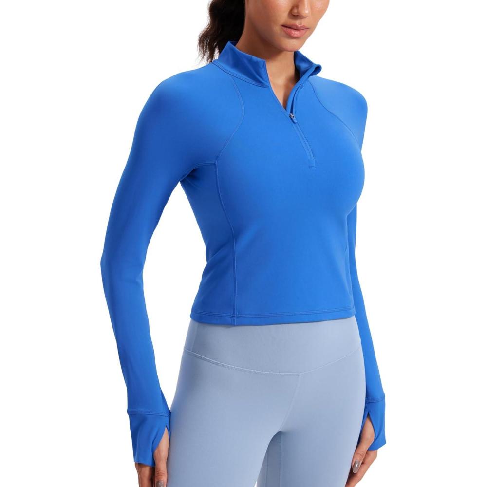 imageCRZ YOGA Butterluxe Half Zip Long Sleeve Shirts for Women Workout Athletic Yoga Tops Crop Collared Quarter Zipper TShirtSparkle Blue