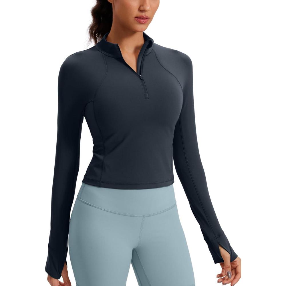 imageCRZ YOGA Butterluxe Half Zip Long Sleeve Shirts for Women Workout Athletic Yoga Tops Crop Collared Quarter Zipper TShirtTrue Navy