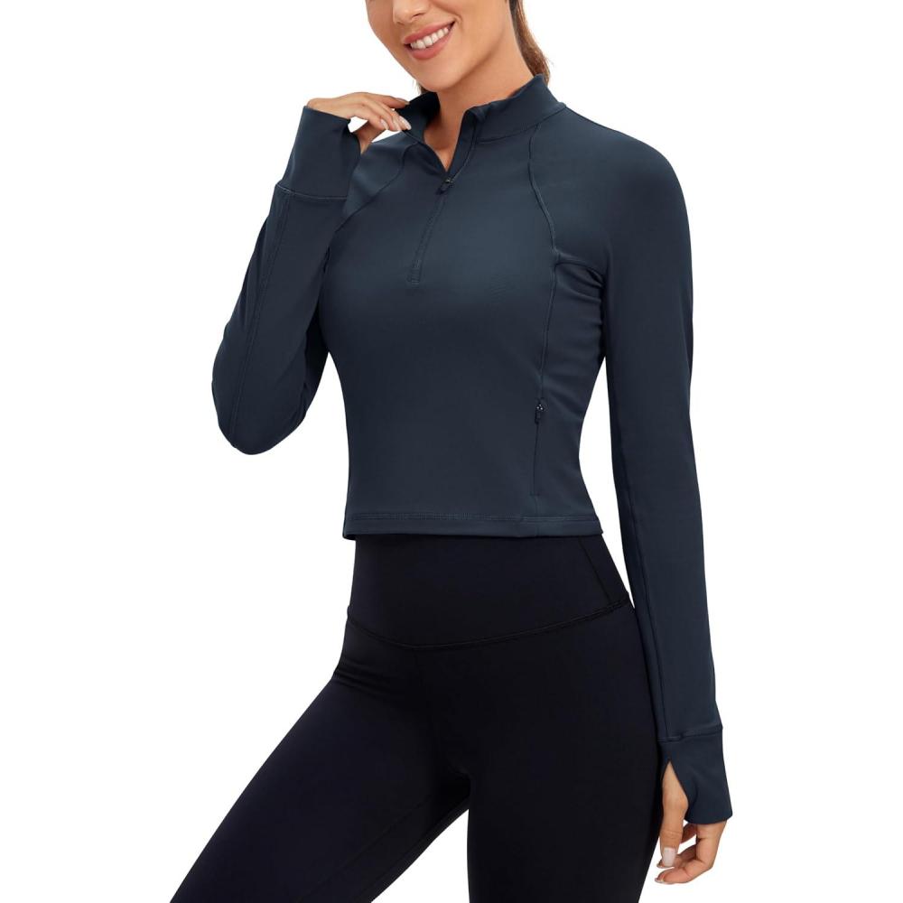 imageCRZ YOGA Butterluxe Half Zip Long Sleeve Shirts for Women Workout Athletic Yoga Tops Crop Collared Quarter Zipper TShirtTwilight Blue