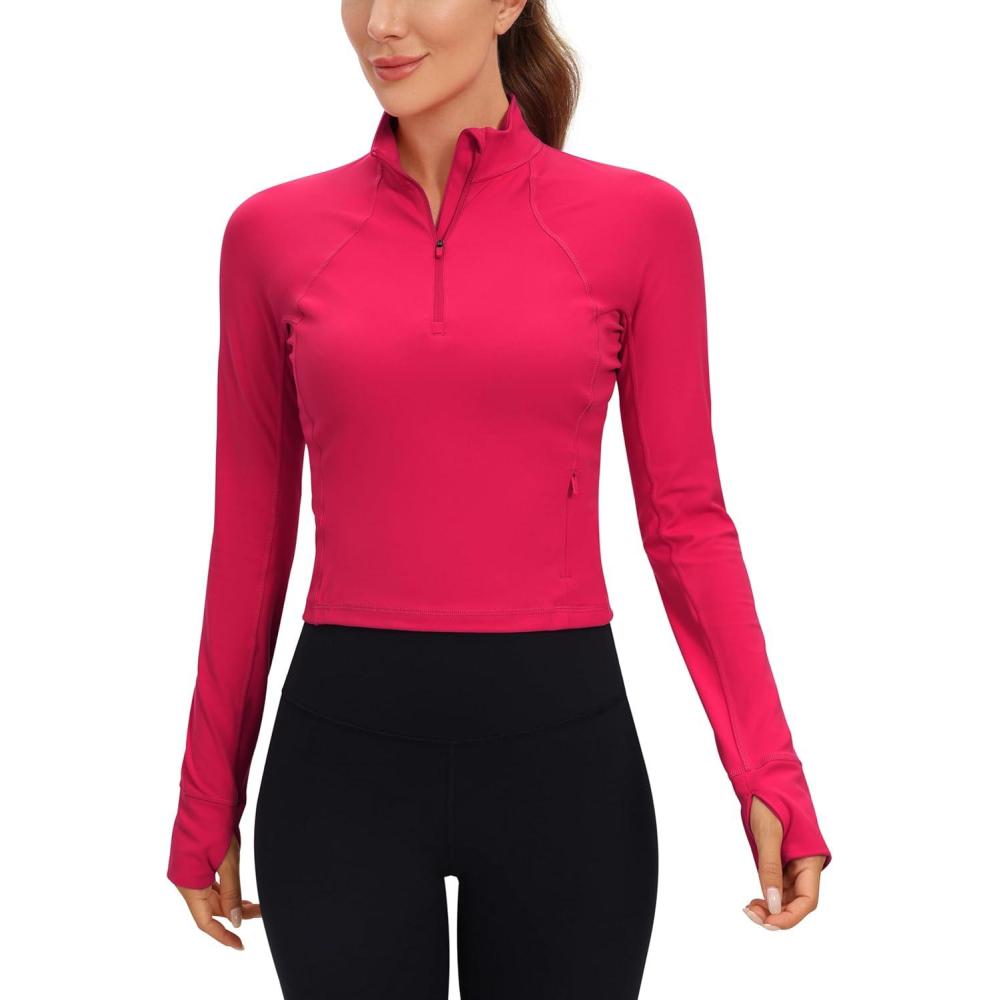 imageCRZ YOGA Butterluxe Half Zip Long Sleeve Shirts for Women Workout Athletic Yoga Tops Crop Collared Quarter Zipper TShirtViva Magenta