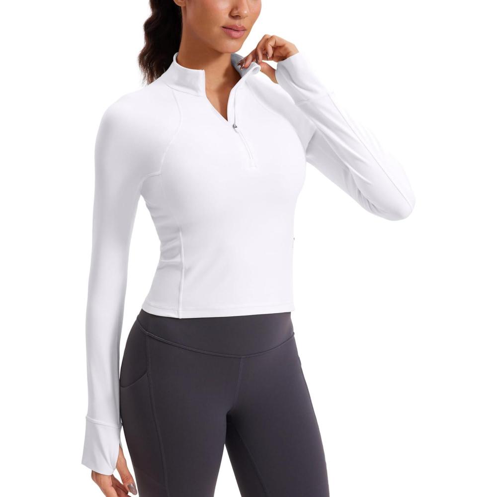 imageCRZ YOGA Butterluxe Half Zip Long Sleeve Shirts for Women Workout Athletic Yoga Tops Crop Collared Quarter Zipper TShirtWhite