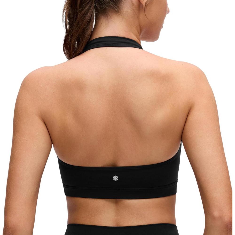 imageCRZ YOGA Butterluxe Halter Sports Bras for Women Scoop Neck Padded Open Back Yoga Crop Gym Tops Low ImpactBlack