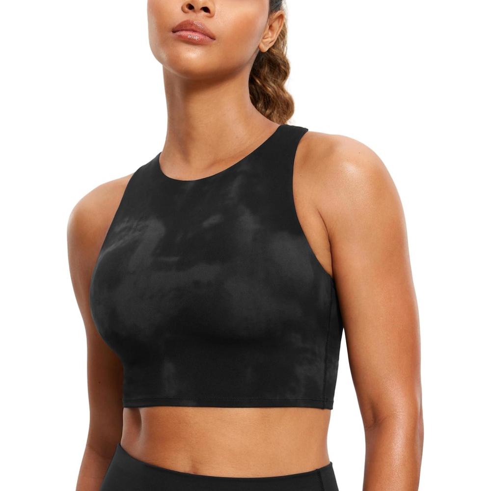 imageCRZ YOGA Butterluxe High Neck Crop Tank Tops for Women  Racerback Padded Longline Sports Bras WorkoutBlack Tie Dye Flowers