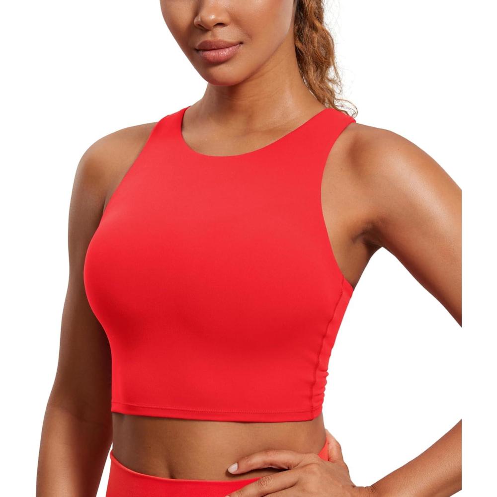 imageCRZ YOGA Butterluxe High Neck Crop Tank Tops for Women  Racerback Padded Longline Sports Bras WorkoutDeep Red