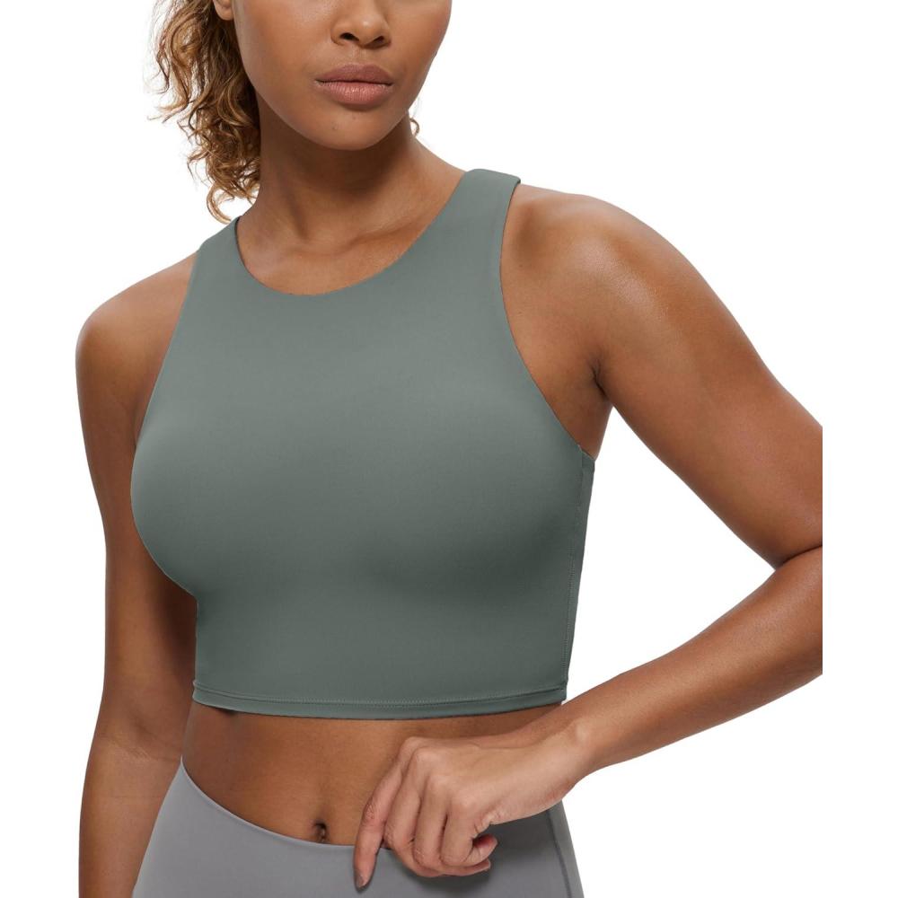 imageCRZ YOGA Butterluxe High Neck Crop Tank Tops for Women  Racerback Padded Longline Sports Bras WorkoutGrey Sage