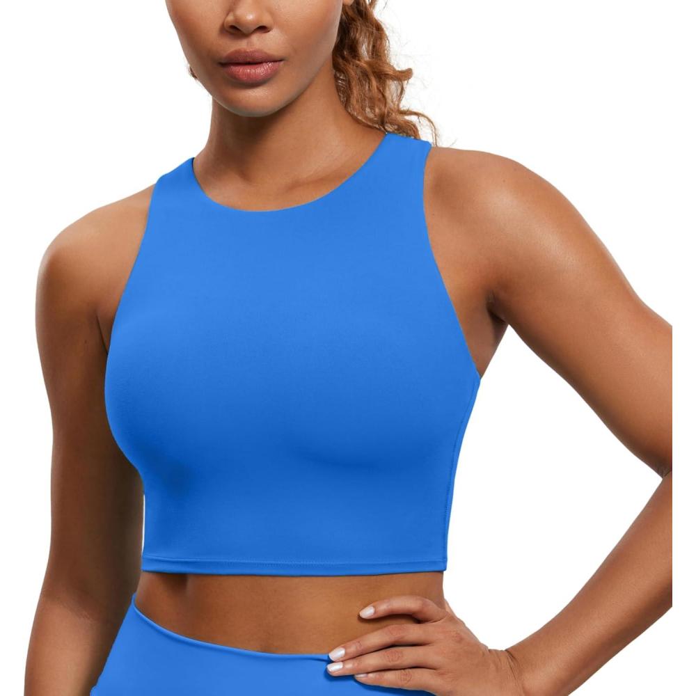 imageCRZ YOGA Butterluxe High Neck Crop Tank Tops for Women  Racerback Padded Longline Sports Bras WorkoutSparkle Blue