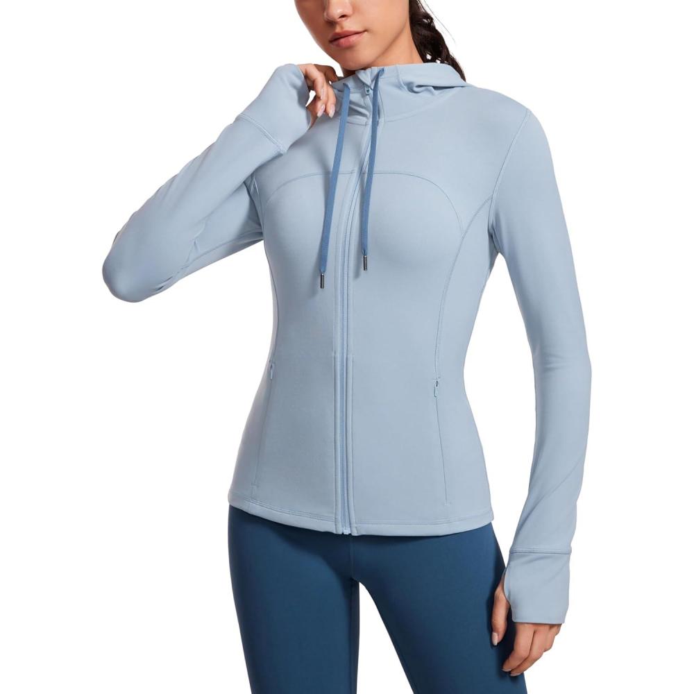 imageCRZ YOGA Butterluxe Hooded Athletic Jackets for Women Full Zip Track Casual Tops with Thumb Holes PocketsCambric Blue