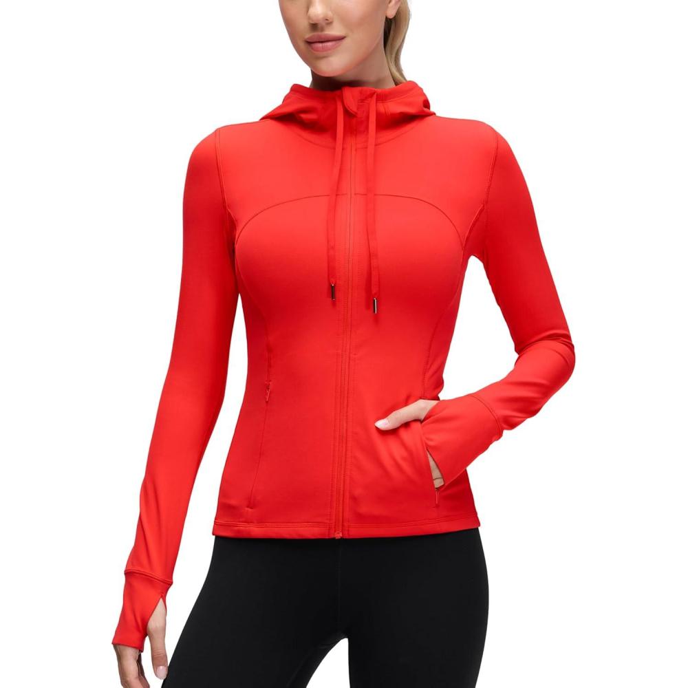 imageCRZ YOGA Butterluxe Hooded Athletic Jackets for Women Full Zip Track Casual Tops with Thumb Holes PocketsDark Red