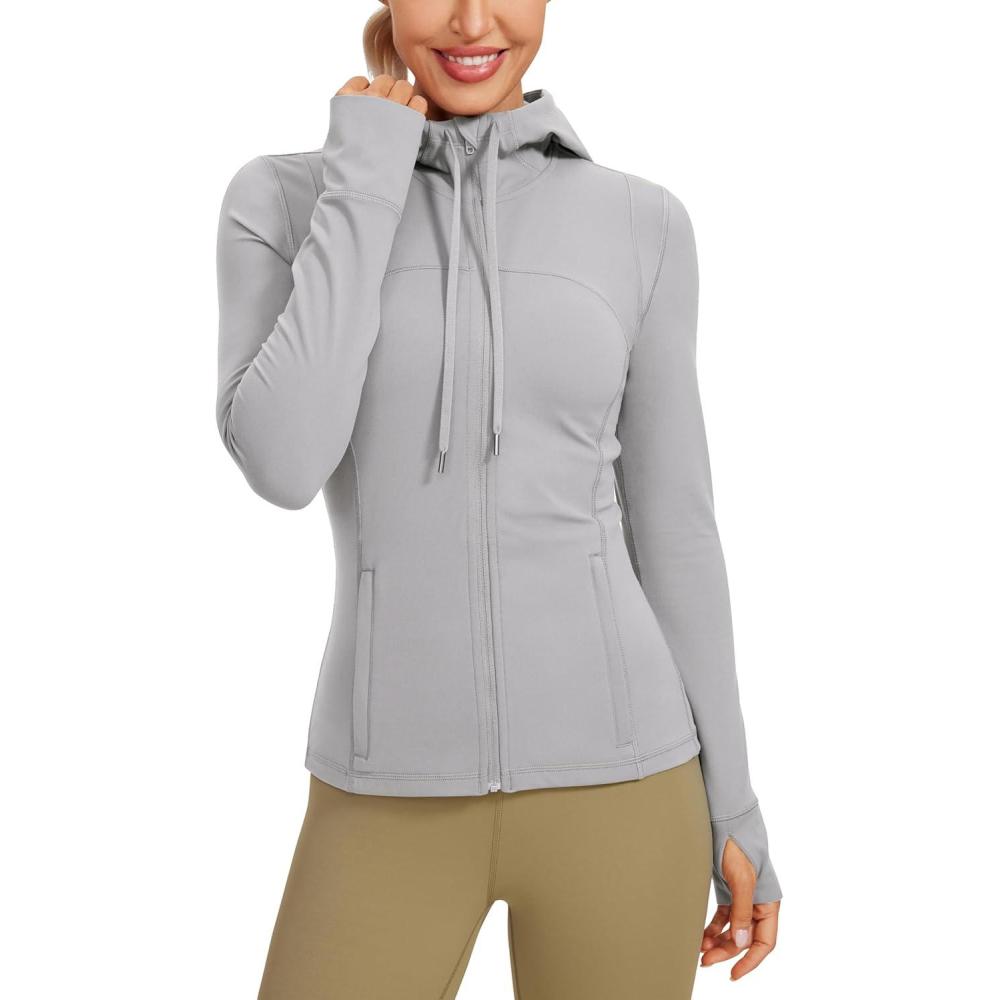 imageCRZ YOGA Butterluxe Hooded Athletic Jackets for Women Full Zip Track Casual Tops with Thumb Holes PocketsGull Gray