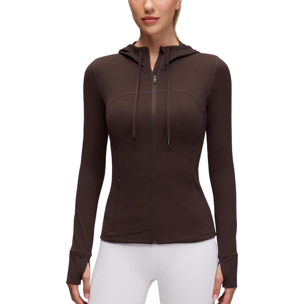 imageCRZ YOGA Butterluxe Hooded Athletic Jackets for Women Full Zip Track Casual Tops with Thumb Holes PocketsHot Fudge Brown