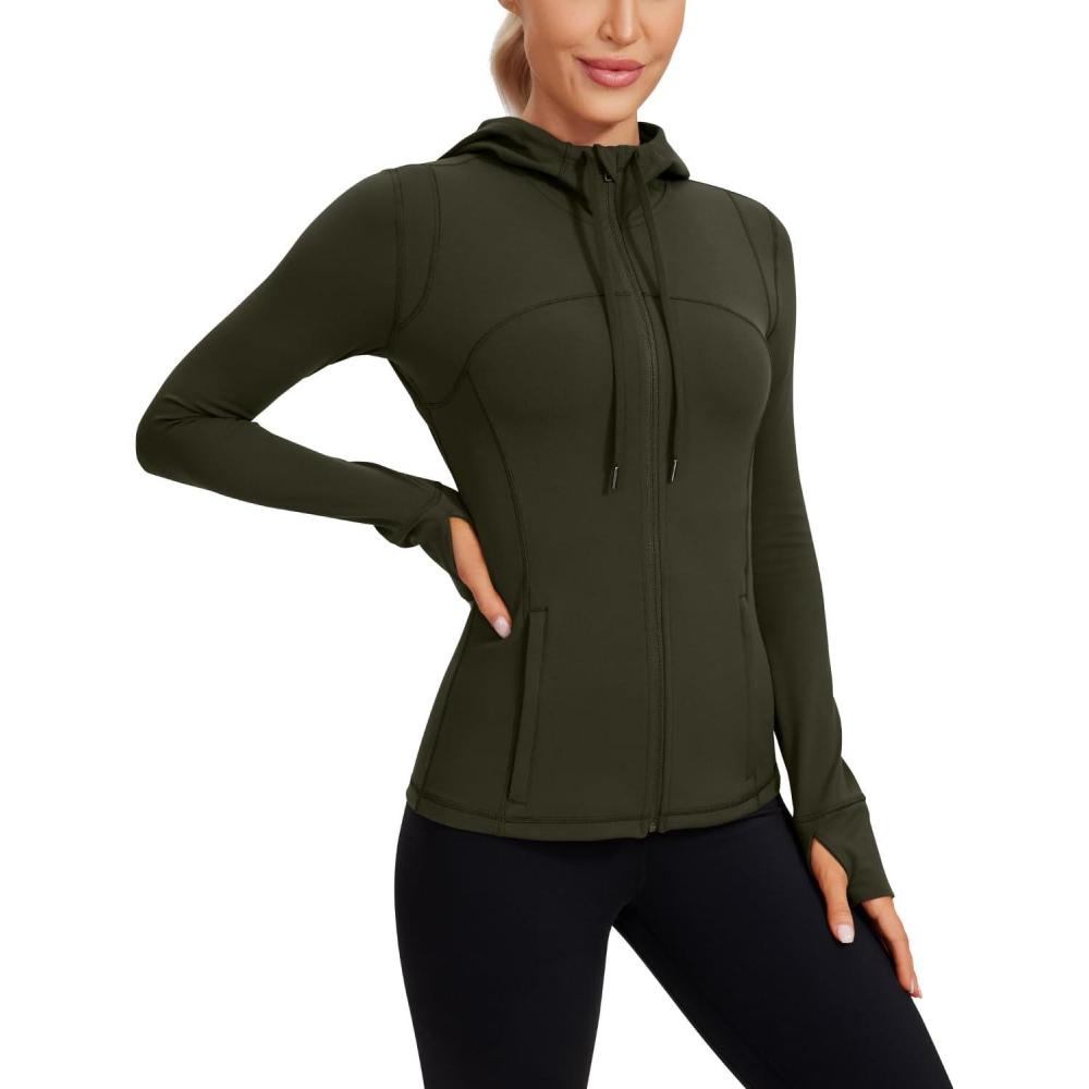 imageCRZ YOGA Butterluxe Hooded Athletic Jackets for Women Full Zip Track Casual Tops with Thumb Holes PocketsOlive Green