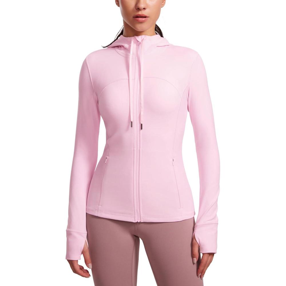 imageCRZ YOGA Butterluxe Hooded Athletic Jackets for Women Full Zip Track Casual Tops with Thumb Holes PocketsPink Peony
