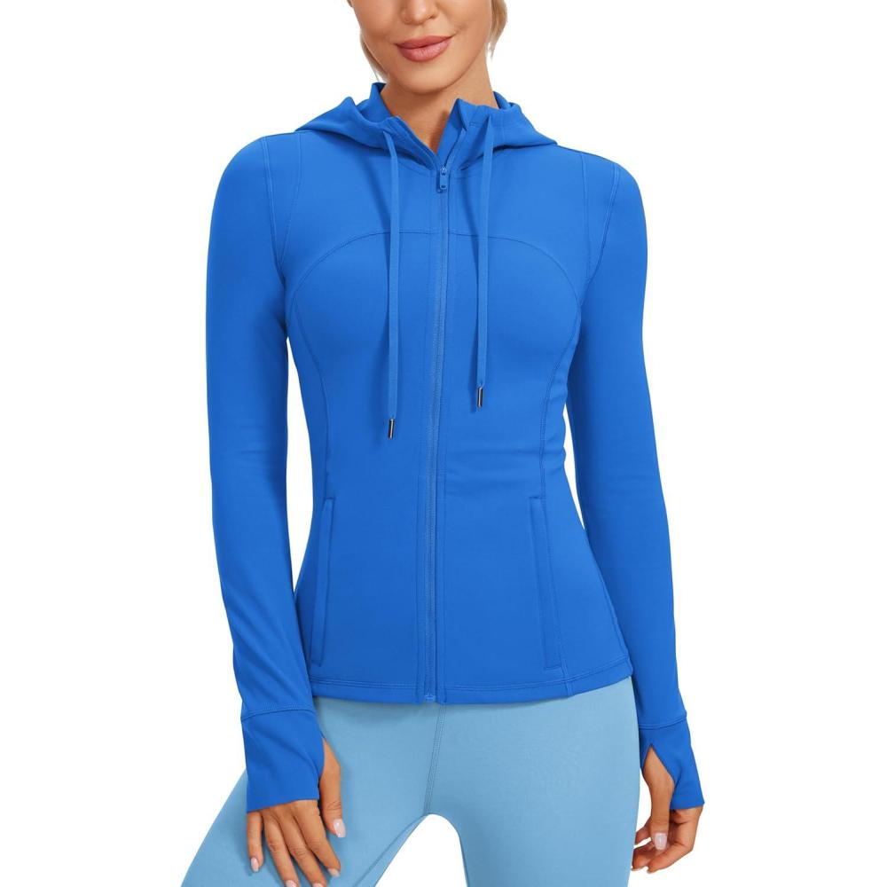 imageCRZ YOGA Butterluxe Hooded Athletic Jackets for Women Full Zip Track Casual Tops with Thumb Holes PocketsSparkle Blue