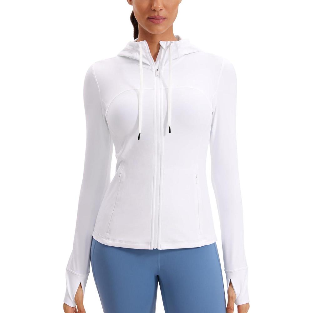 imageCRZ YOGA Butterluxe Hooded Athletic Jackets for Women Full Zip Track Casual Tops with Thumb Holes PocketsWhite