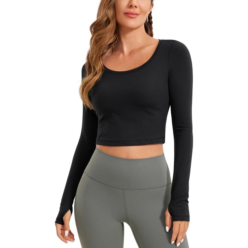 imageCRZ YOGA Butterluxe Long Sleeve Crop Tops for Women Slim Fit Workout Shirts Cropped Athletic Gym TShirtsBlack
